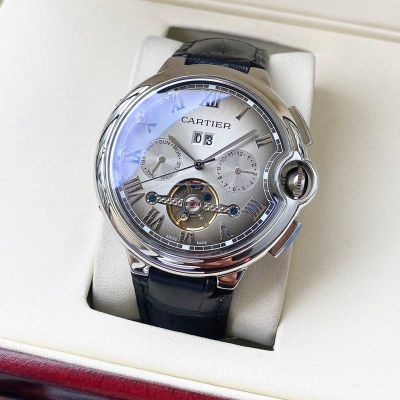 Ballon Bleu de Cartier 44*12mm 316L Steel Citizen Automatic Movement Grey/Brown/Blue Face Leather Band Men Watch
